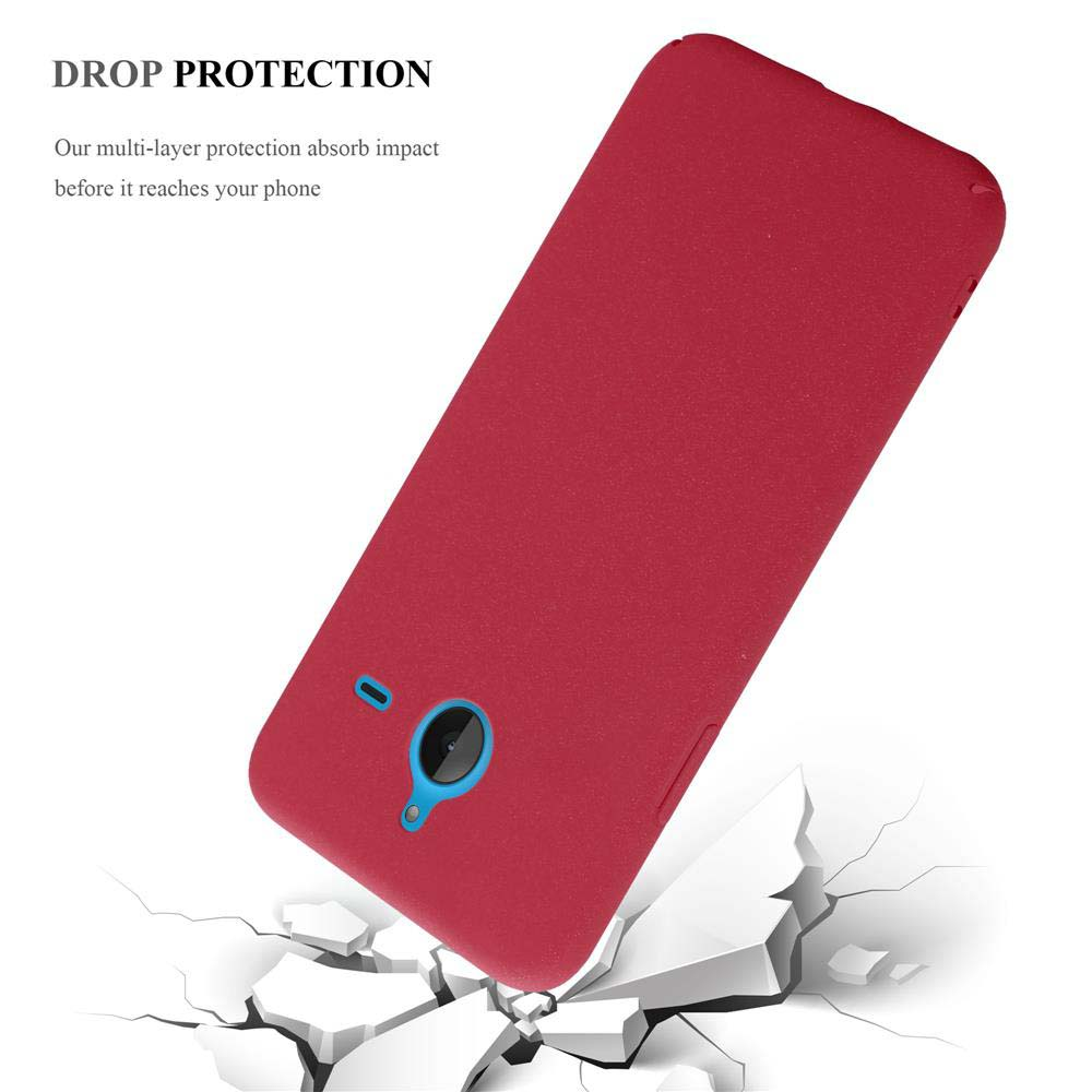 Una funda de teléfono roja sobre una superficie blanca, con grietas debajo, mostrando protección contra caídas.
