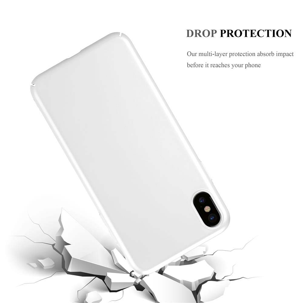 Weiße Handyhülle und zerbrochener Boden. Text zum Schutz vor Stürzen. Telefon befindet sich in Fallposition.