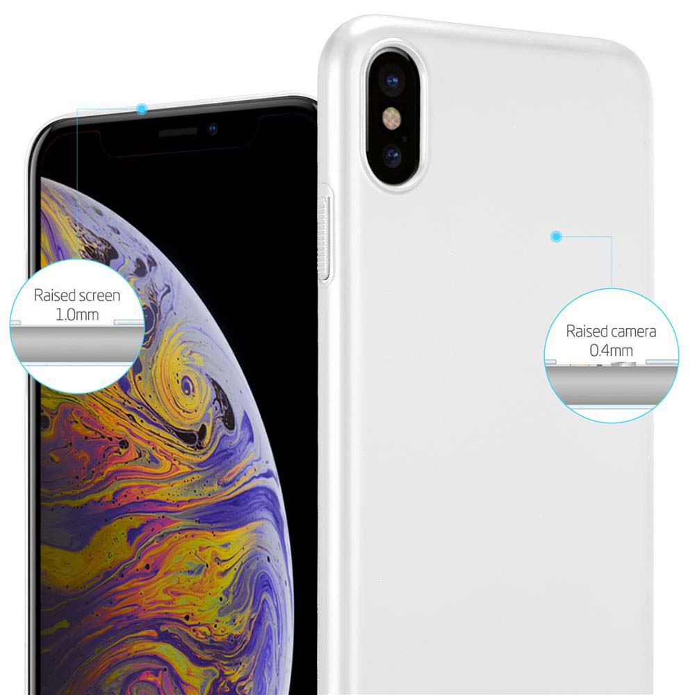 Weißes Telefon mit weißer Hülle. Erhöhter Bildschirm und Kamera mit Messungen hervorgehoben.