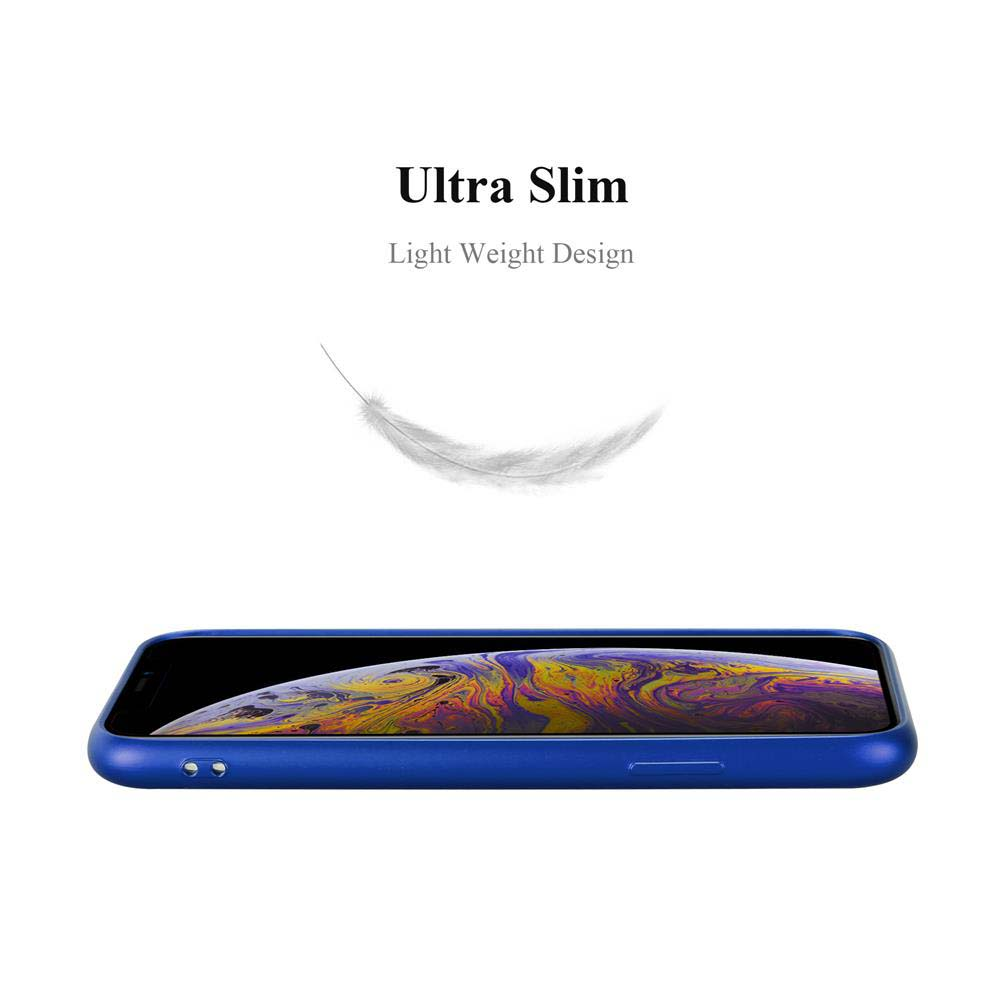 Un telefono blu in una custodia blu. Sopra una piuma, il testo 'Ultra Slim' sopra.
