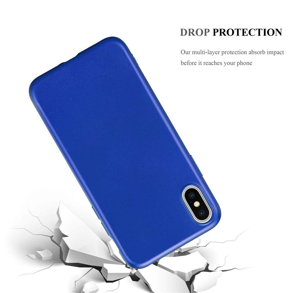Custodia blu per telefono che cade, terreno crepato, sfondo bianco. Testo: protezione da caduta.