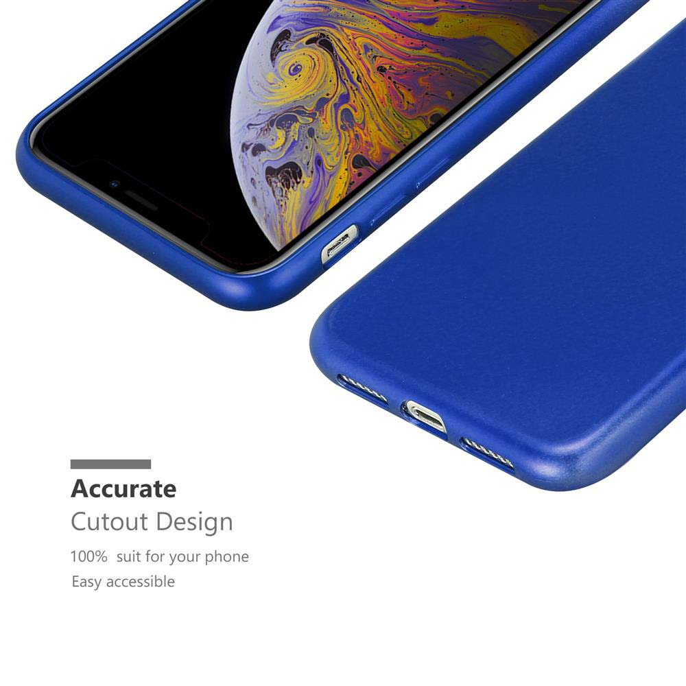 Telefono e custodia. Telefono blu con la custodia accanto. Il testo recita 'Accurate Cutout Design'.