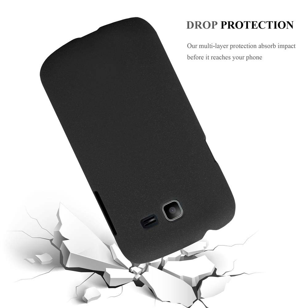 Coque de téléphone noire tombant sur du béton cassé. Le texte indique Drop Protection.