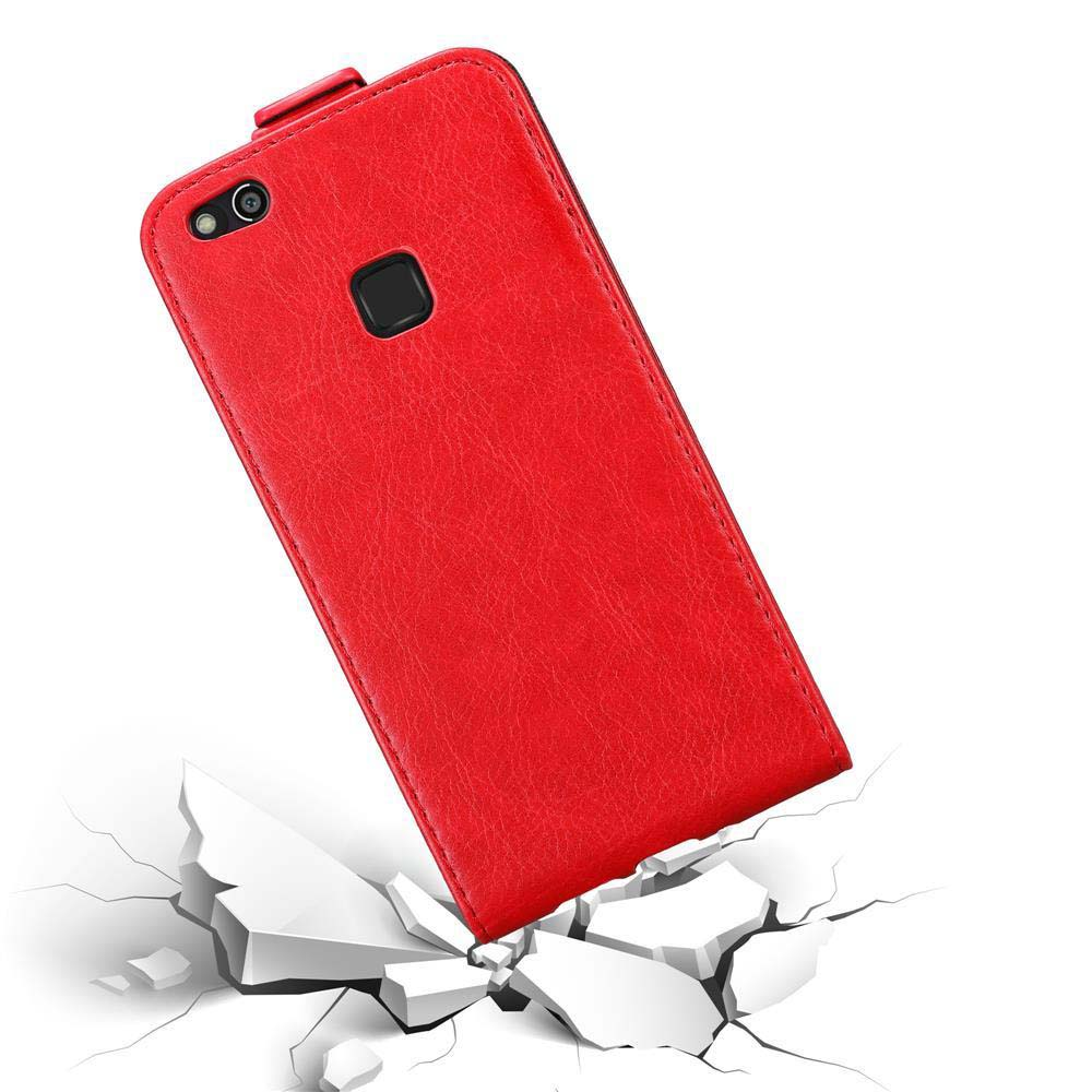 Custodia rossa per telefono che cade su una superficie bianca che si rompe all'impatto. La custodia è aperta, mostrando il telefono all'interno.