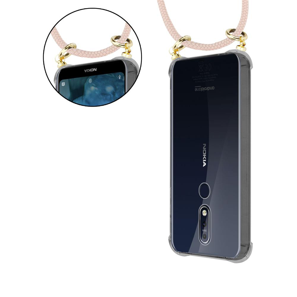 Telefon in transparenter Hülle mit rosa Kordel, Nokia-Branding. Rückseite des Telefons sichtbar, Kamera und Android-Logo.
