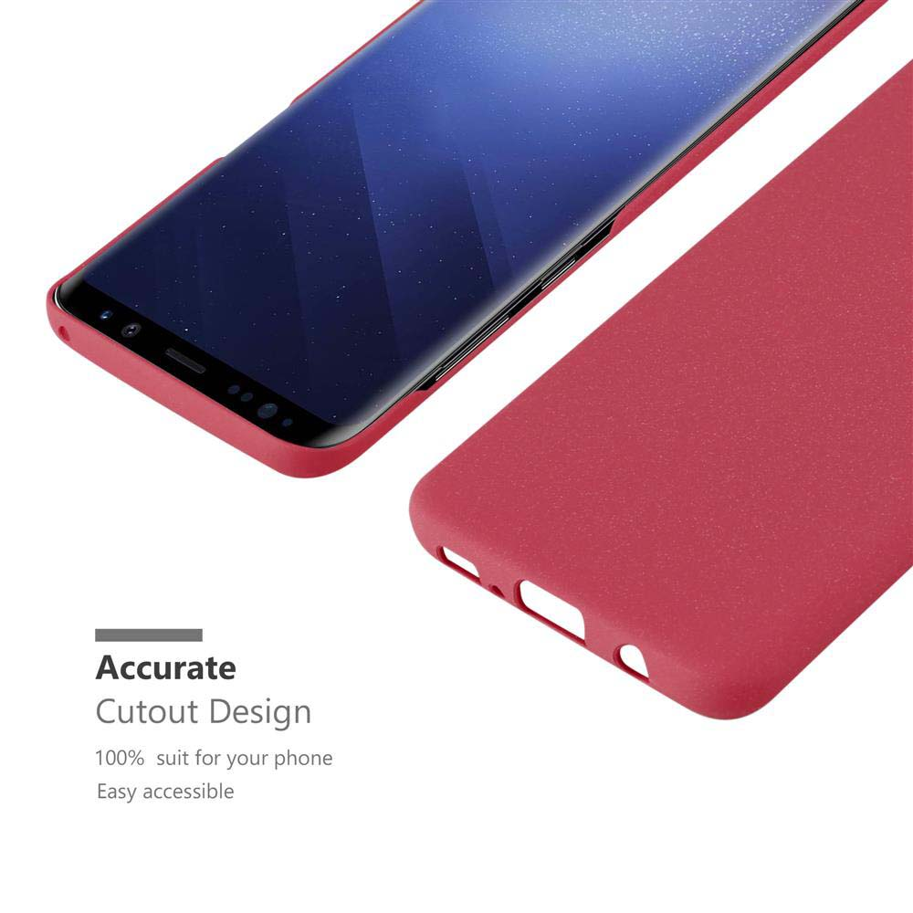 Telefono e custodia rossi. Testo: 'Accurate Cutout Design', '100% adatto al tuo telefono', 'Facile accesso'.