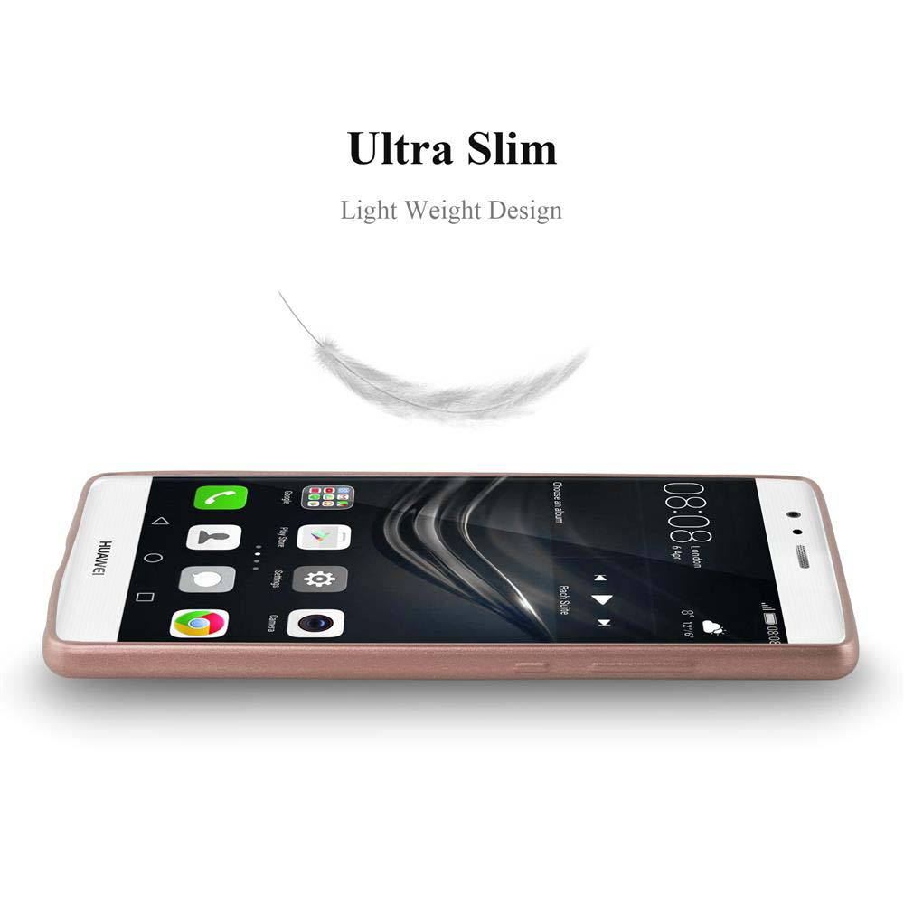 Ein Telefon mit roségoldenem Gehäuse und einer darüber schwebenden Feder, auf weißem Hintergrund.