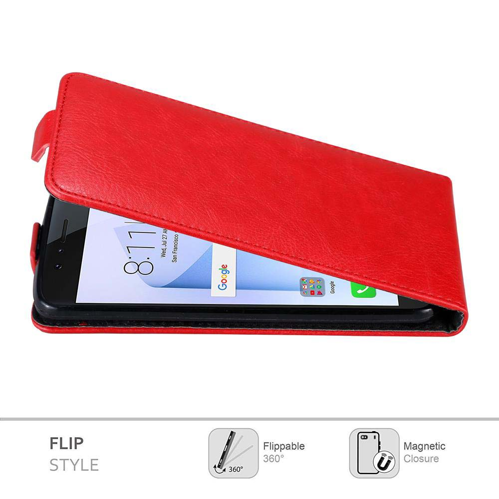 Custodia rossa aperta, rivelando schermo nero smartphone con logo Google.