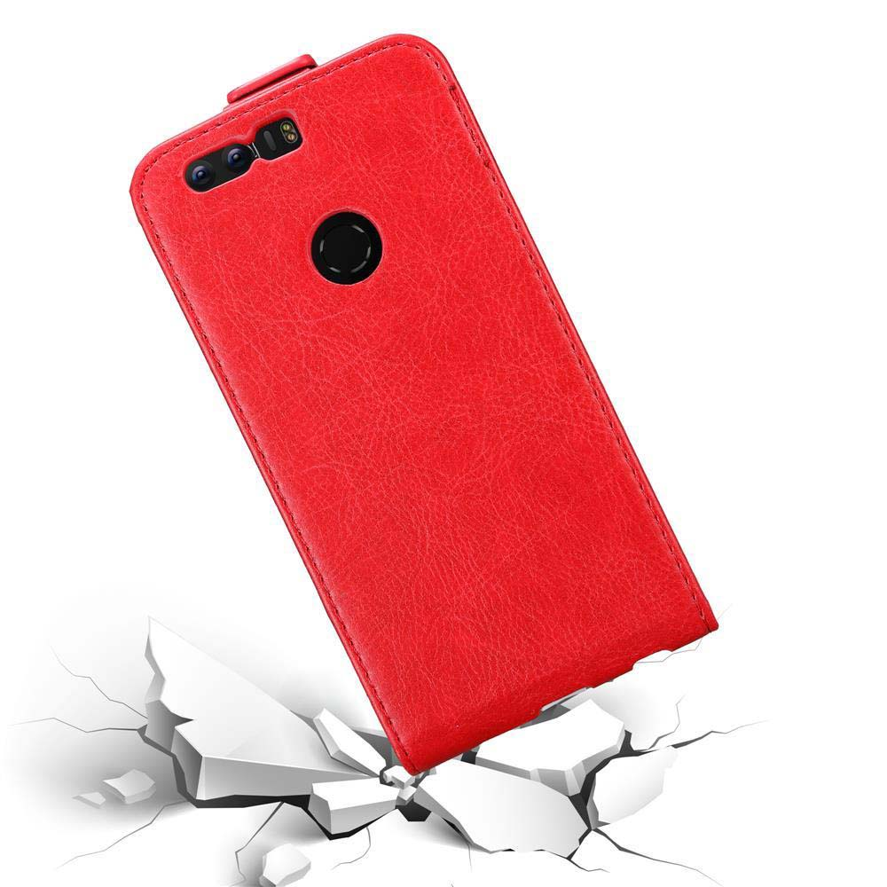 Una custodia rossa per telefono, appoggiata su una superficie bianca, con una superficie rotta sotto.