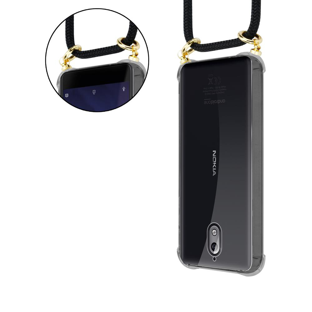 Eine transparente Handyhülle mit schwarzem Kordelzug. Der Bildschirm ist sichtbar, mit Nokia-Logo.