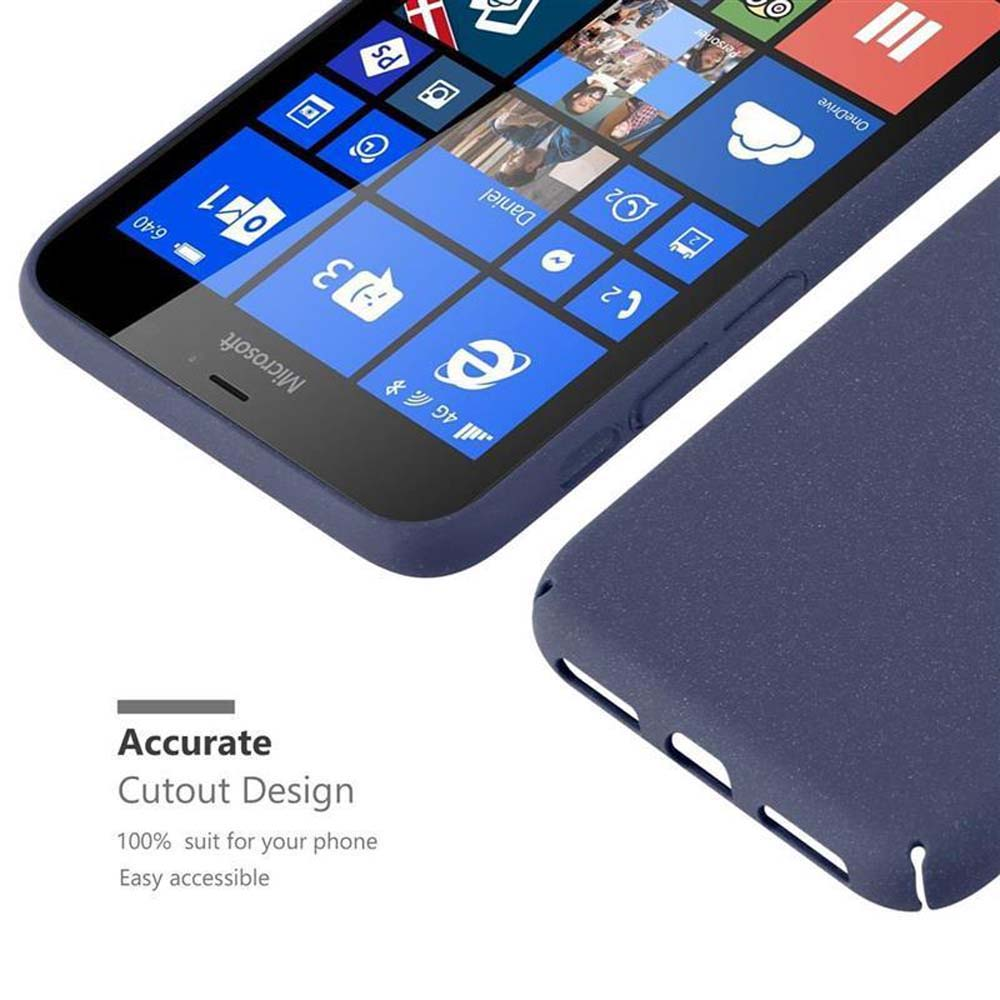Una funda de teléfono azul con un teléfono y una pantalla que muestra iconos de aplicaciones, con un diseño de corte preciso.