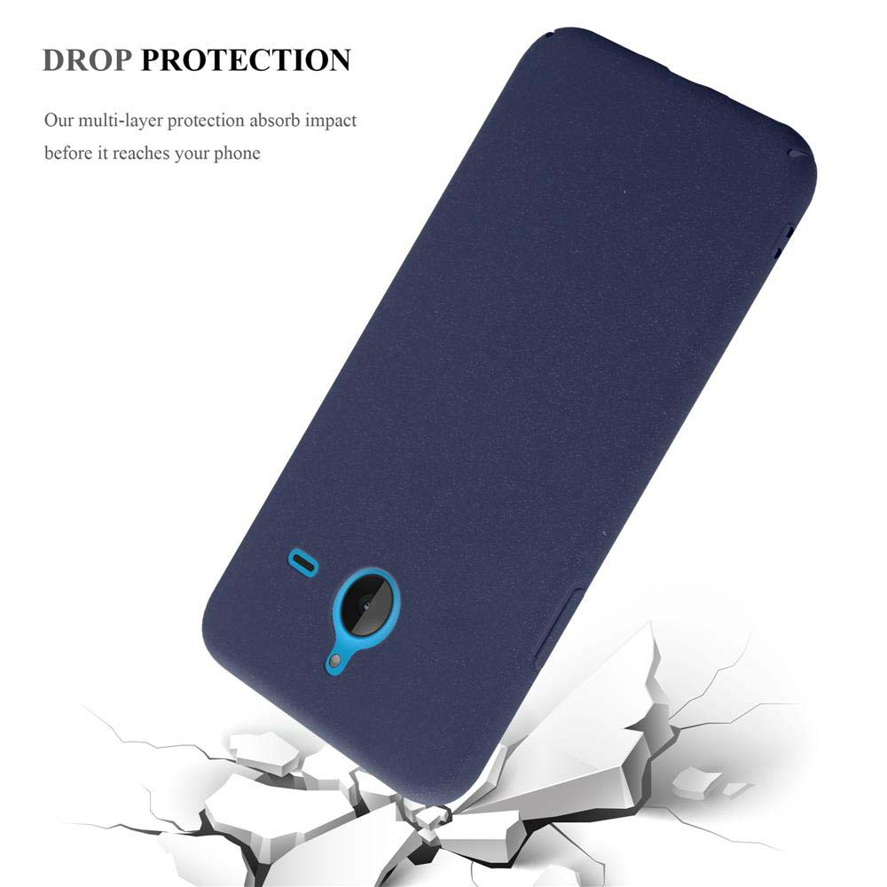 Funda de teléfono azul cayendo. El texto dice 'Drop Protection'. Fondo blanco con superficie agrietada.