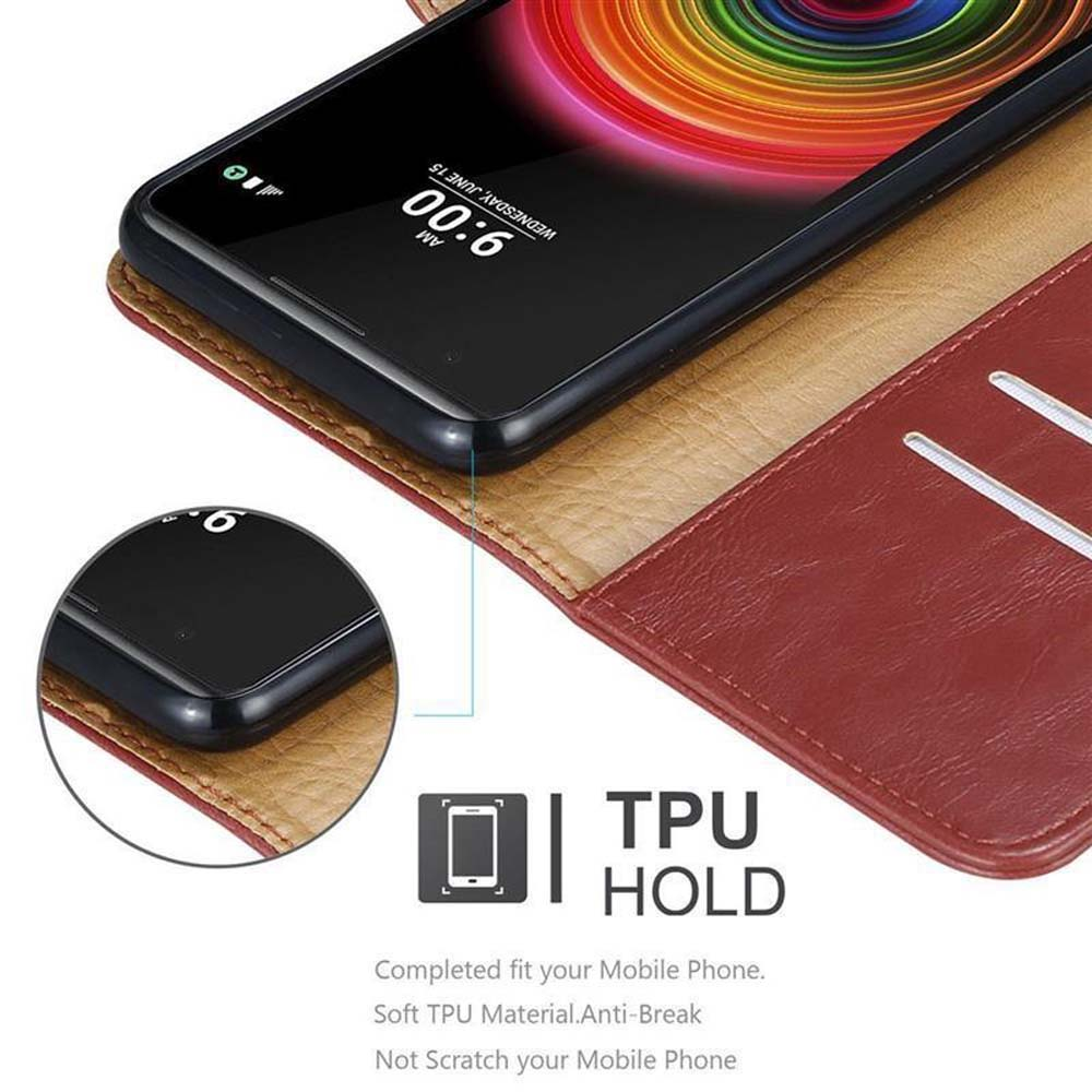 Geöffnete Handyhülle, zeigt den Telefonbildschirm. Hülle ist rot und braun. Text: TPU HOLD.