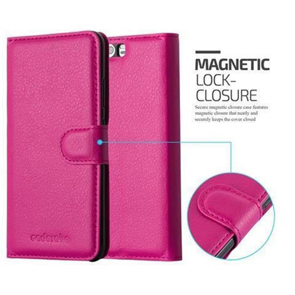 L'immagine mostra una custodia per telefono rosa con chiusura magnetica. La custodia è aperta, mostrando il telefono e i dettagli.