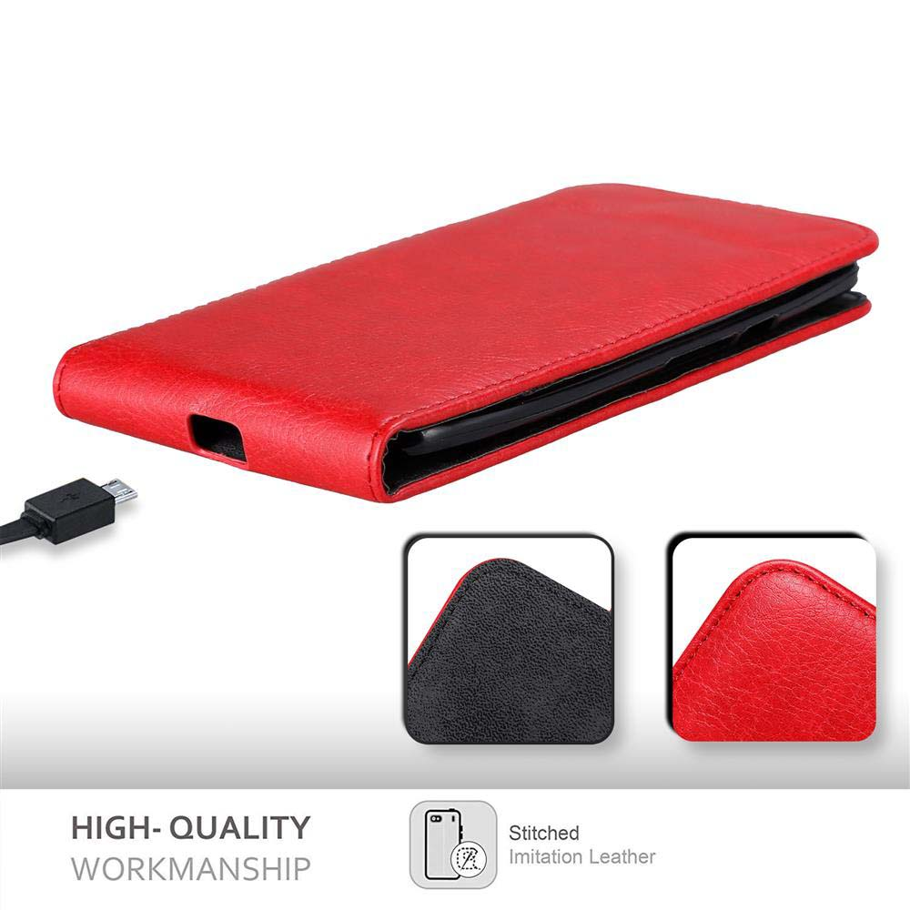 Funda de teléfono roja con cable de carga, mostrando alta calidad y cuero de imitación.