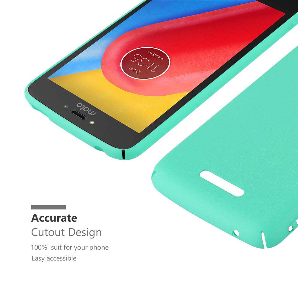 Eine mintgrüne Handyhülle neben einem Telefon. Unterhalb steht der Text 'Accurate Cutout Design'.