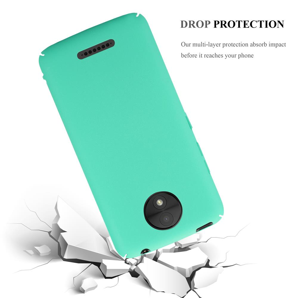 Eine grüne Handyhülle liegt auf einer weißen Oberfläche, darunter Risse. Text 'DROP PROTECTION'.