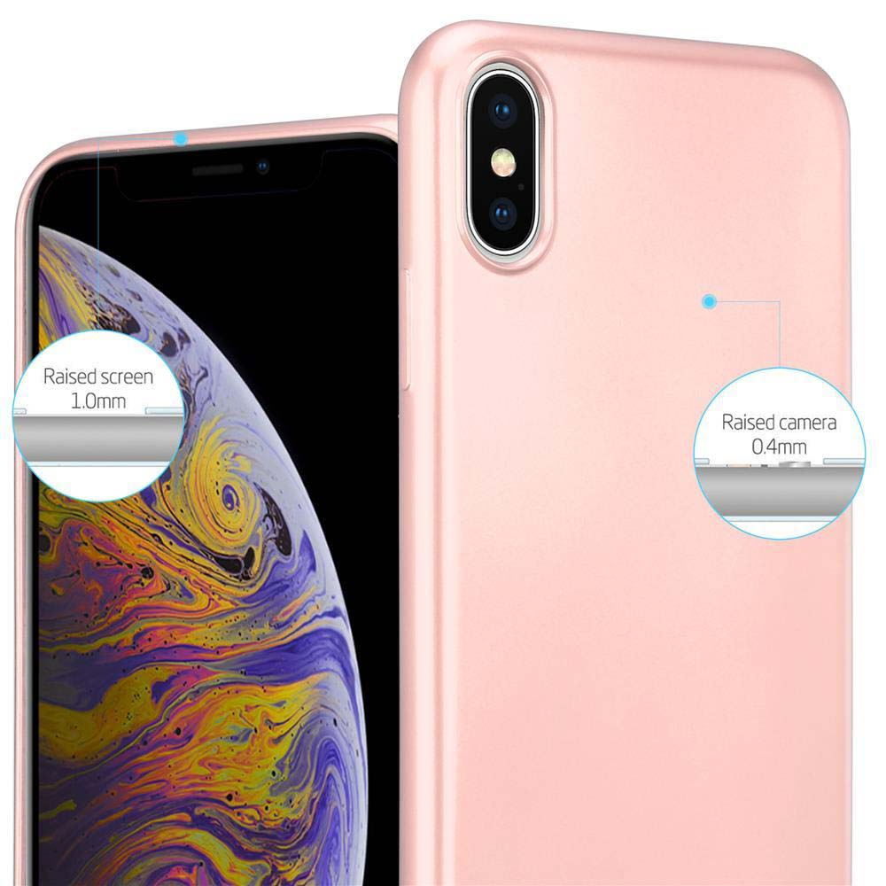Custodia rosa per telefono con telefono all'interno. Il testo mostra le aree rialzate dello schermo e della fotocamera.