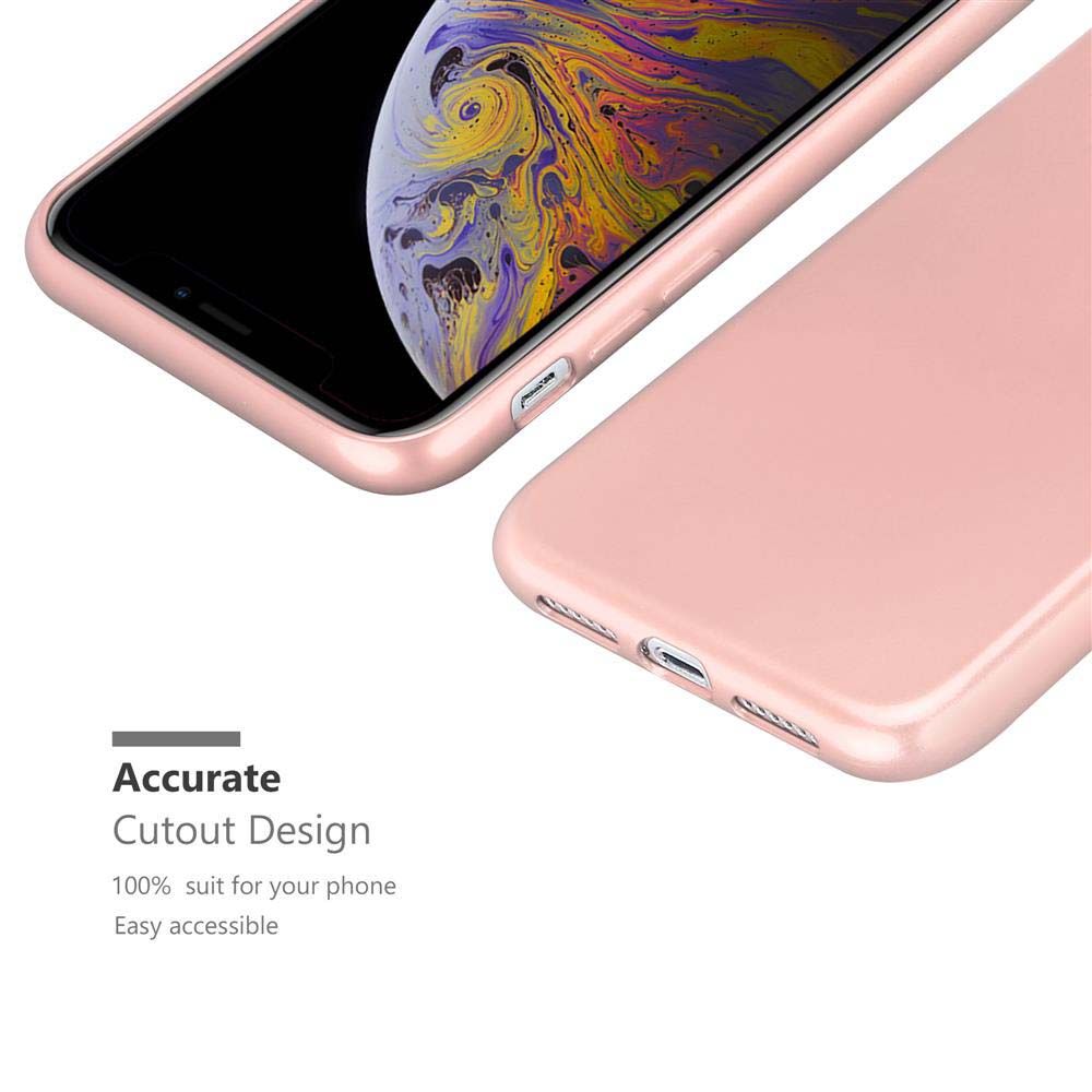 Custodia per telefono rosa accanto al telefono. Il telefono mostra uno sfondo colorato. Il testo dice ritaglio accurato.