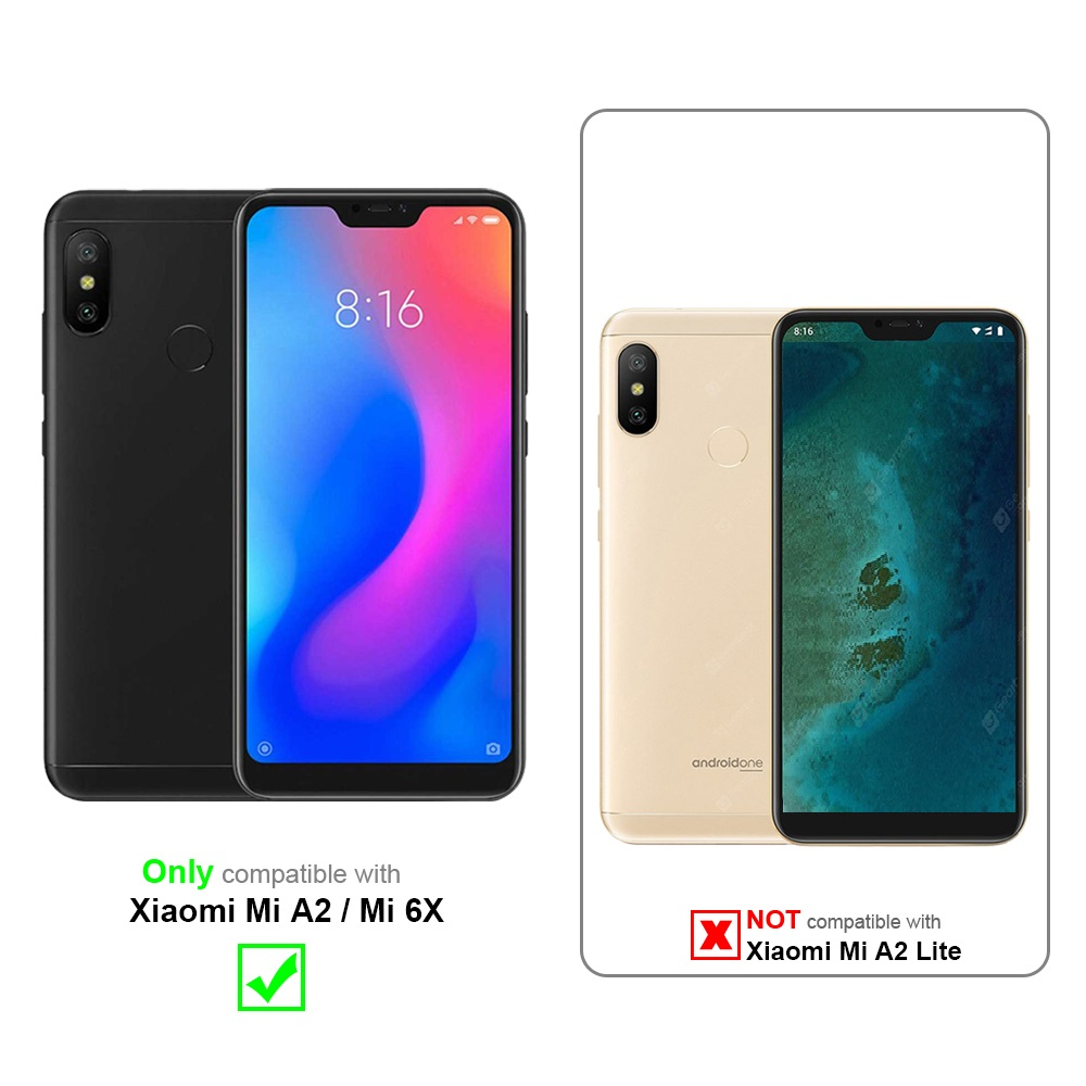 Dos teléfonos, uno negro y otro dorado. Texto: Solo compatible con Xiaomi Mi A2 / Mi 6X.