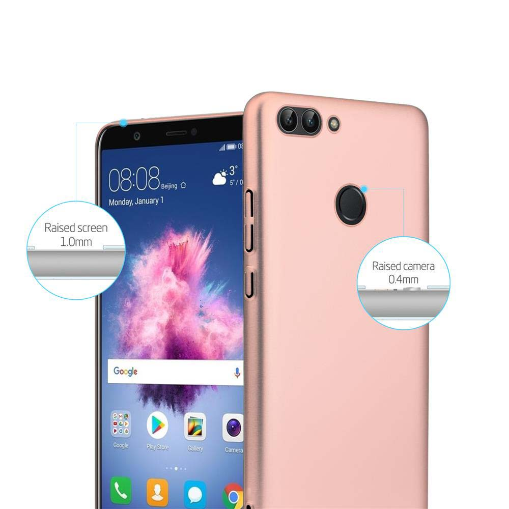 Una custodia per telefono rosa accanto a un telefono. Dettagli: schermo rialzato di 1,0 mm e fotocamera rialzata di 0,4 mm.