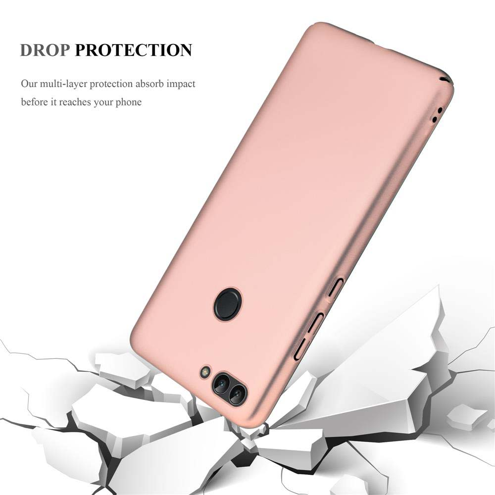 Una custodia rosa per telefono, appoggiata su cemento bianco rotto, con il testo: Protezione contro le cadute. La nostra protezione multistrato...