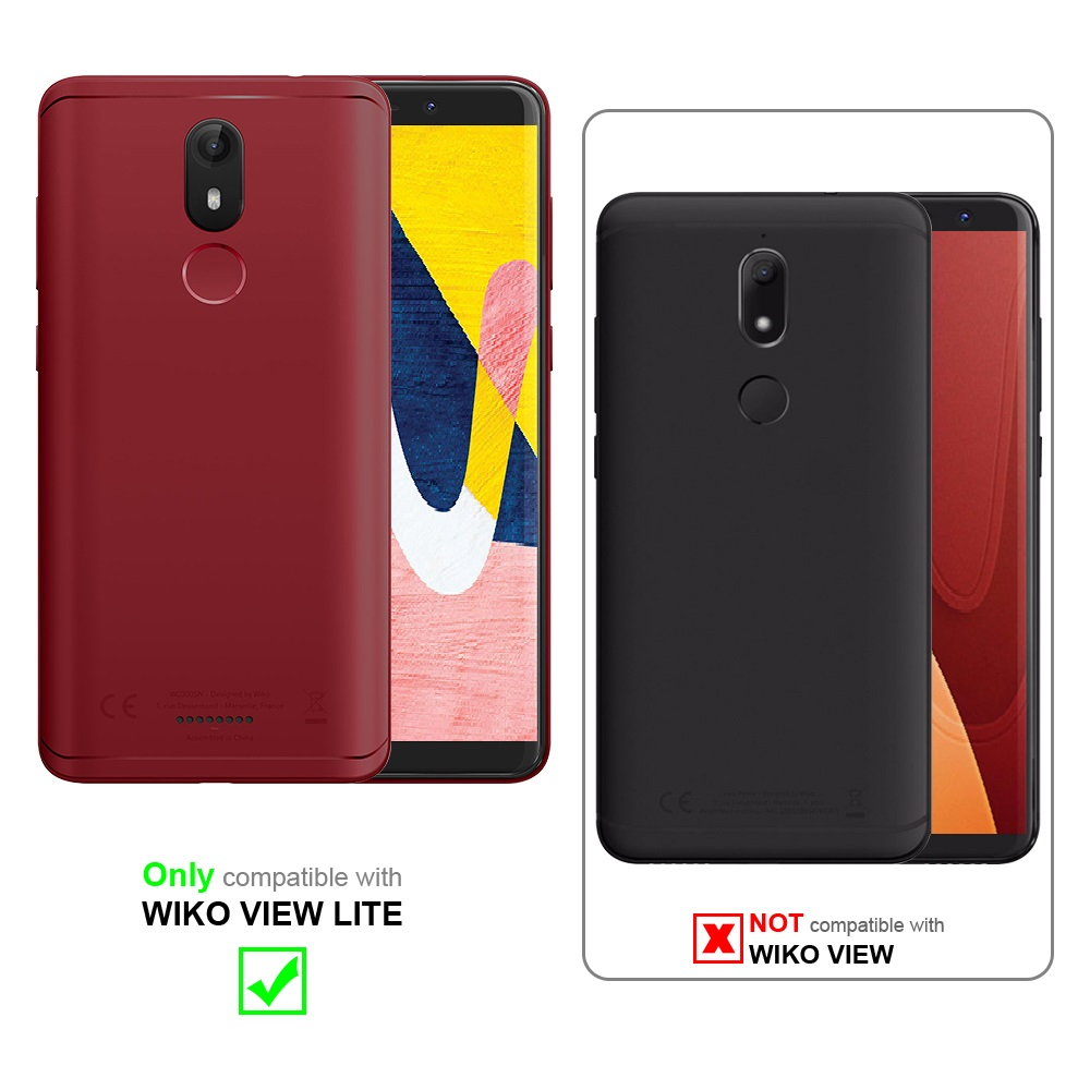 Due custodie per telefono. Una rossa, una nera, con una sovrapposizione di testo che dice compatibile con Wiko View Lite.