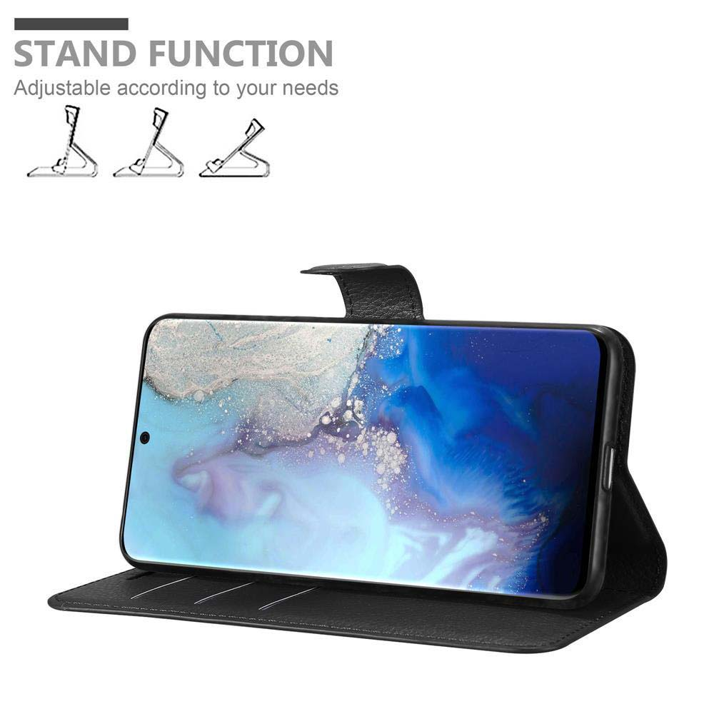 Ein schwarzes Telefon in einer schwarzen Hülle, geöffnet zur Verwendung als Ständer.