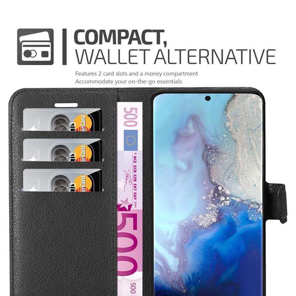 Schwarzes Wallet Case, zeigt Karten und Geld im Inneren. Mit Kartenfächern und Geldfach.