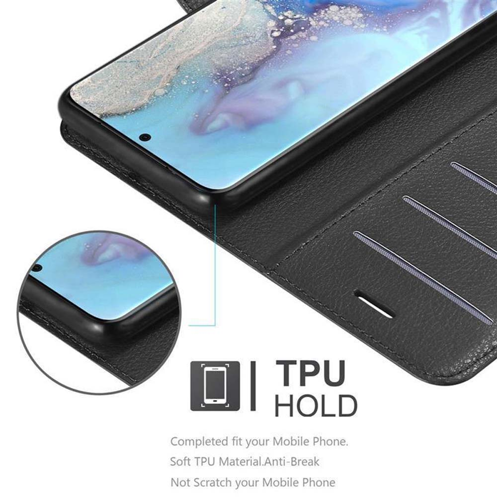 Schwarze Handyhülle im Wallet-Design. Die Hülle ist mit 'TPU HOLD' beschriftet, darunter Text.