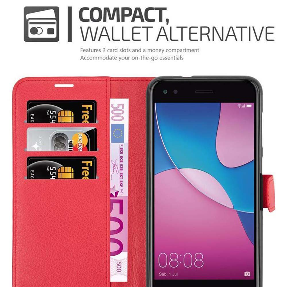 Una custodia per telefono rossa a portafoglio è aperta, con carte e denaro all'interno. Un telefono è sulla destra.