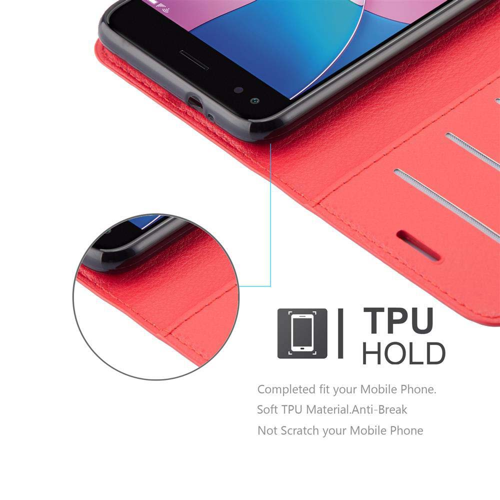 Custodia per telefono rossa con telefono all'interno. I dettagli mostrano la tenuta in TPU e il materiale morbido.