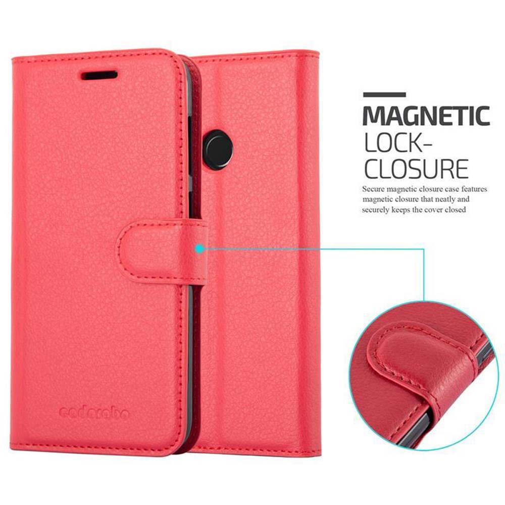 Custodia per telefono in pelle rossa con chiusura magnetica. Custodia chiusa. Testo: Chiusura magnetica. Dettagli nell'angolo.