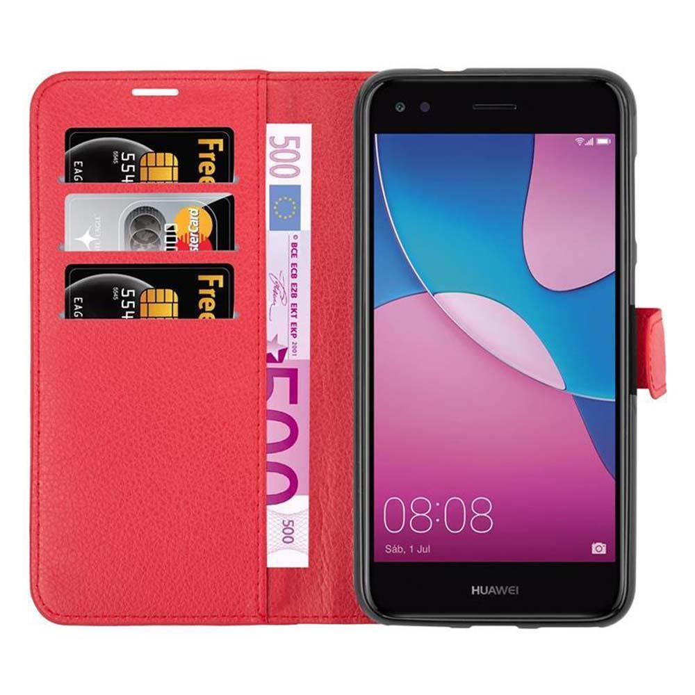 Custodia a portafoglio rossa aperta, che mostra carte, denaro e un telefono Huawei con visualizzazione dell'ora.