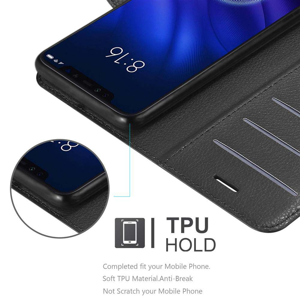 Schwarze Handyhülle mit Bildschirm. Text: TPU HOLD. Beschreibt weiches TPU-Material, Bruchsicherheit und keine Kratzer.