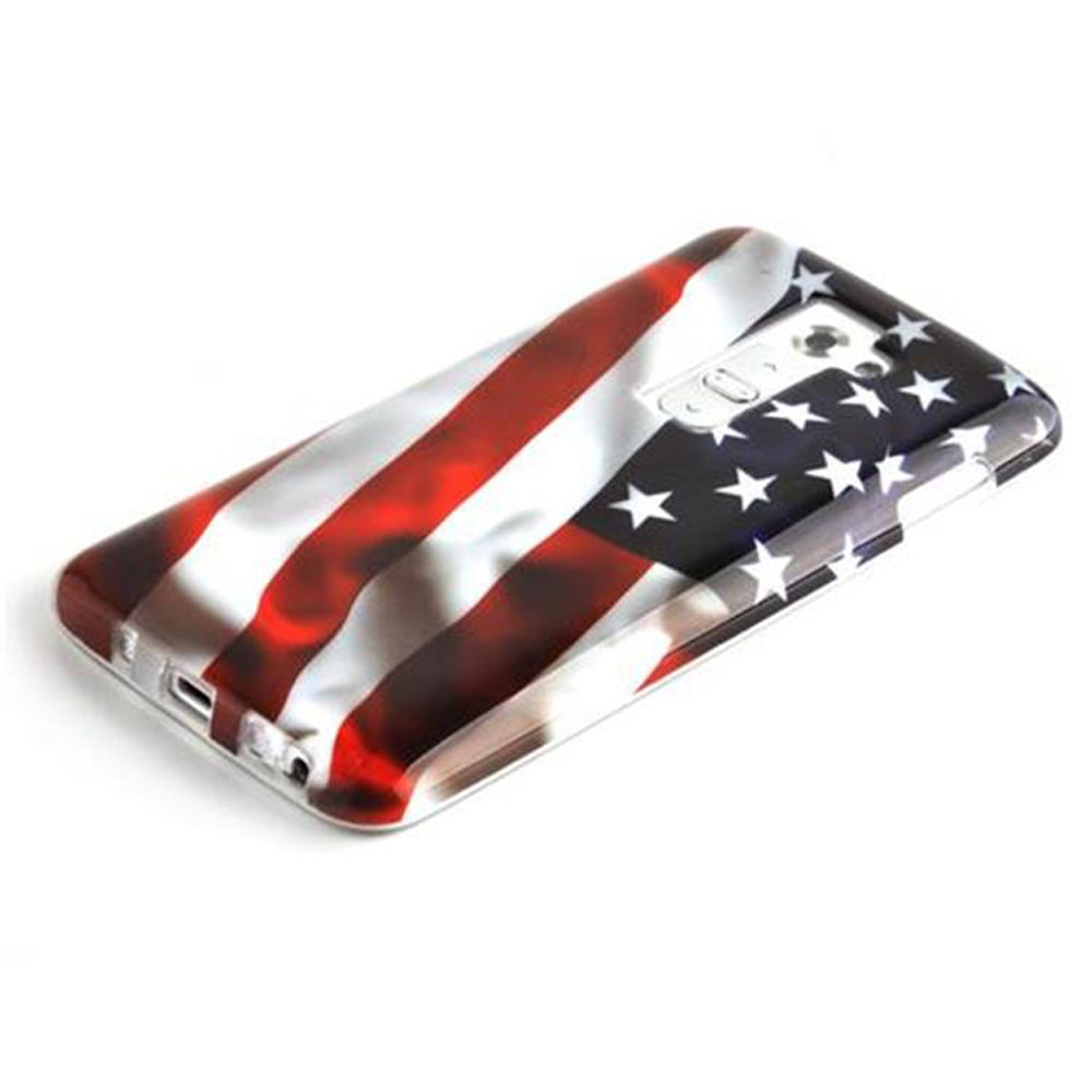 Custodia per telefono con la bandiera americana. Il telefono ha uno schermo bianco.