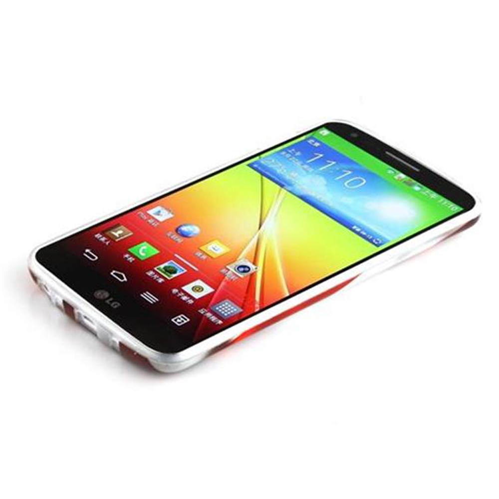 Una custodia per smartphone con cornice bianca e bordo rosso, e un telefono all'interno. Lo schermo del telefono visualizza informazioni.
