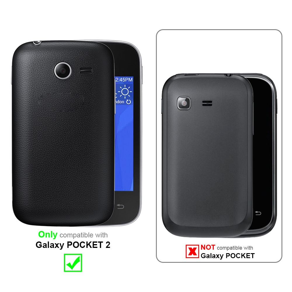 Due custodie per telefono, nere. Il testo dice che è compatibile solo con Galaxy POCKET 2, non con Galaxy POCKET.