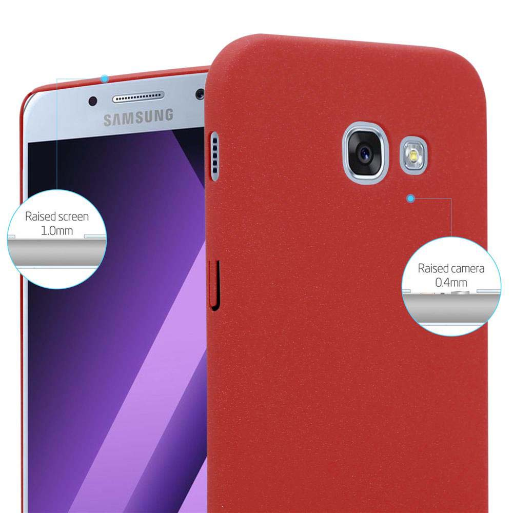 Rote Handyhülle über dem Telefon, mit erhöhten Bildschirm- und Kameraecken. Samsung-Logo sichtbar.