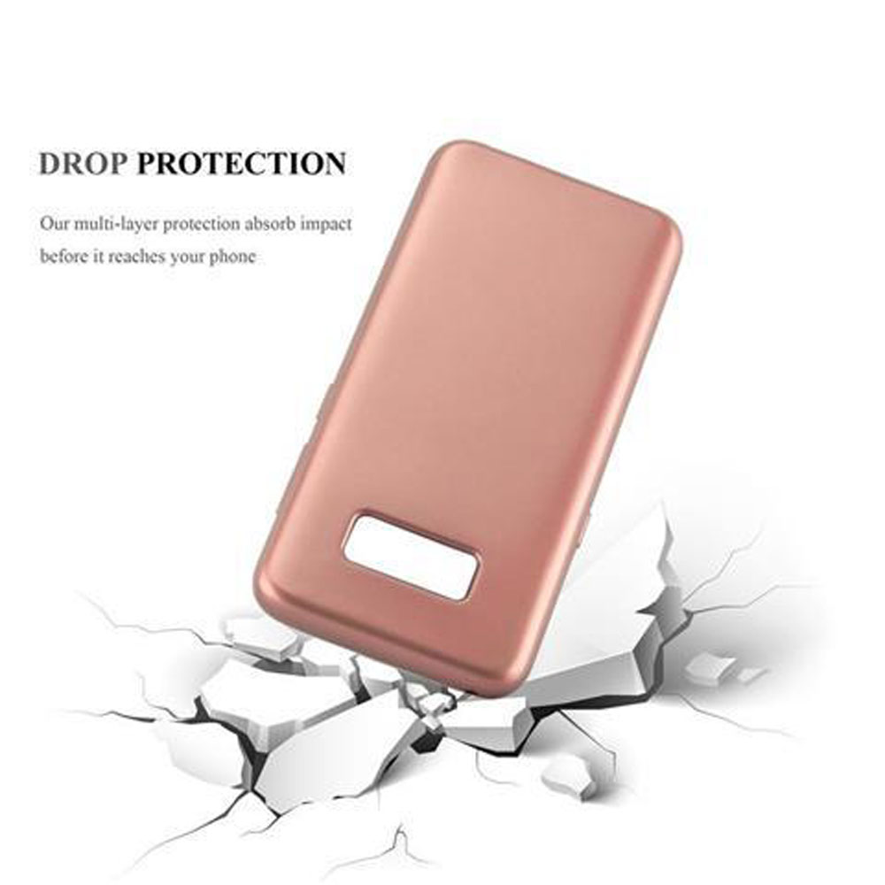 Custodia rosa per telefono che rompe il terreno. Testo: Protezione dalle cadute. Sfondo bianco.