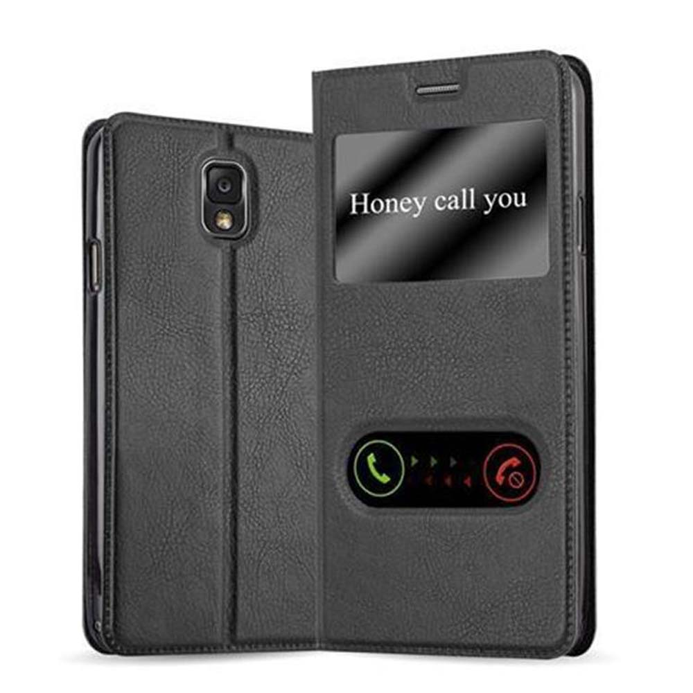 Funda de teléfono con ventana, muestra el texto: Honey call you. Iconos de respuesta y rechazo.