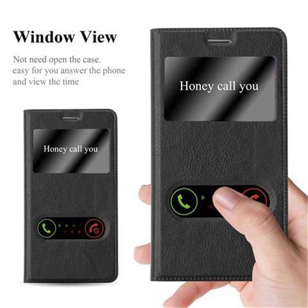 Funda de teléfono negra cerrada que muestra una ventana para la hora y una mano sosteniendo un teléfono. El texto dice Honey Call You.