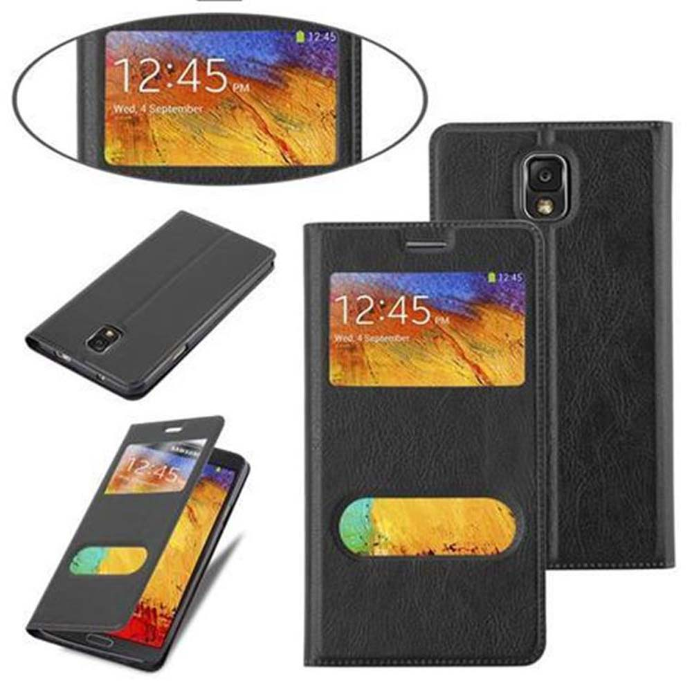 Funda negra para teléfono, abierta y cerrada, con teléfono dentro. Se muestran varios ángulos. Muestra la hora en la pantalla.
