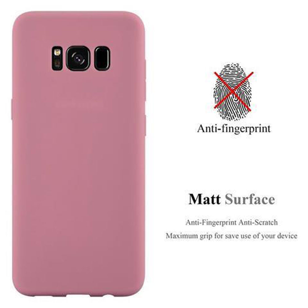 Custodia rosa per telefono. Testo: Anti-impronte, superficie opaca.