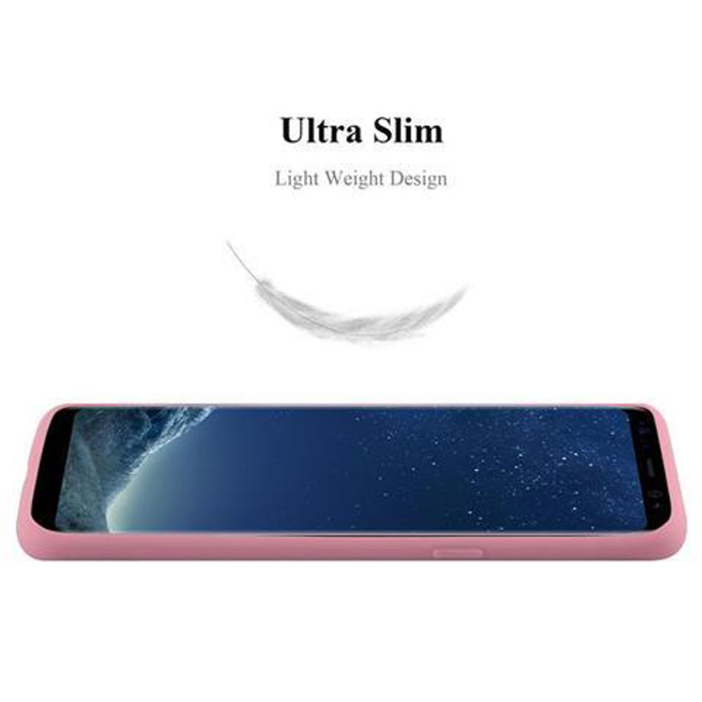 Custodia rosa per telefono su sfondo bianco, con piuma e testo. Design ultrasottile e leggero.