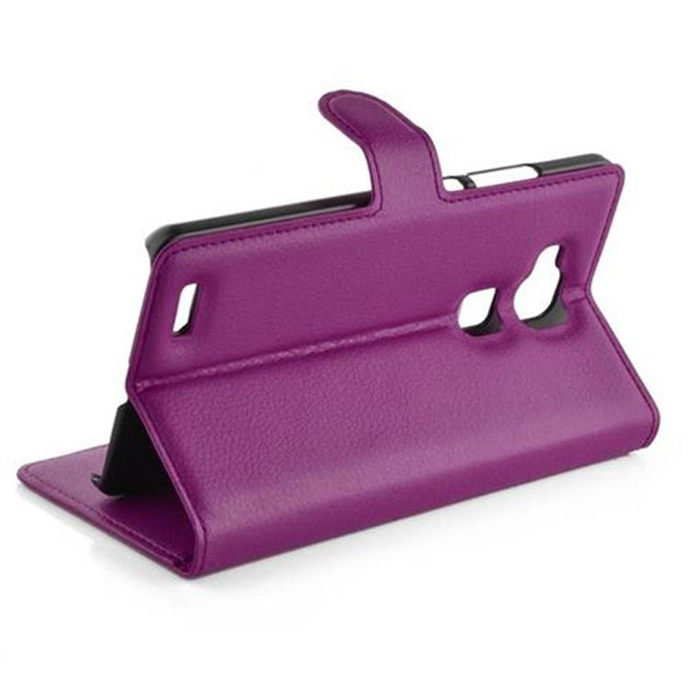 Custodia per telefono viola, aperta, su sfondo bianco. La custodia è in stile folio.