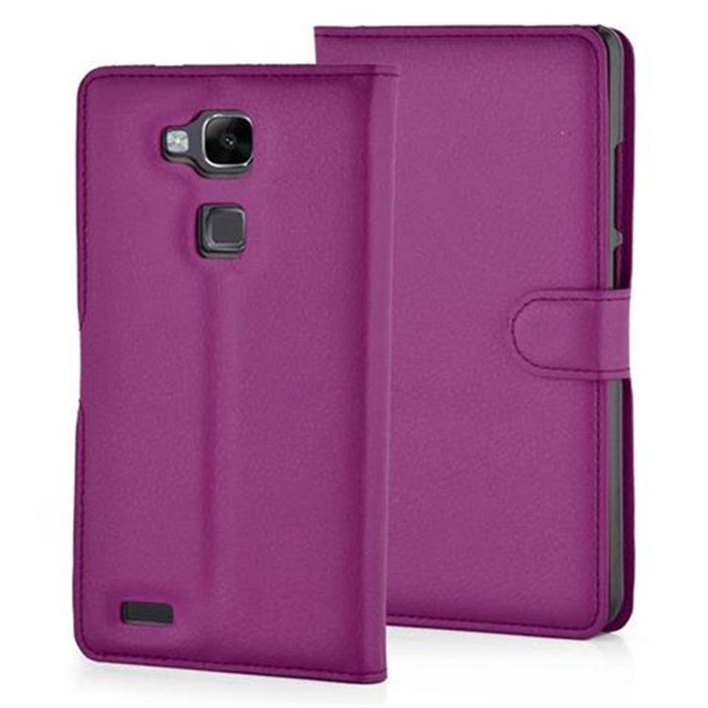 Immagine mostra custodia telefono viola. È un modello a portafoglio, con una copertura che si ripiega sul telefono.