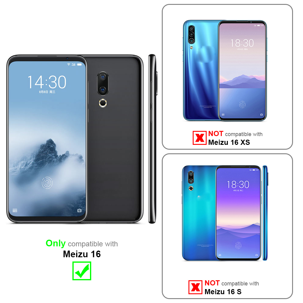 Due telefoni e custodie. Testo: Meizu 16 compatibile, Meizu 16 XS & 16 S no.