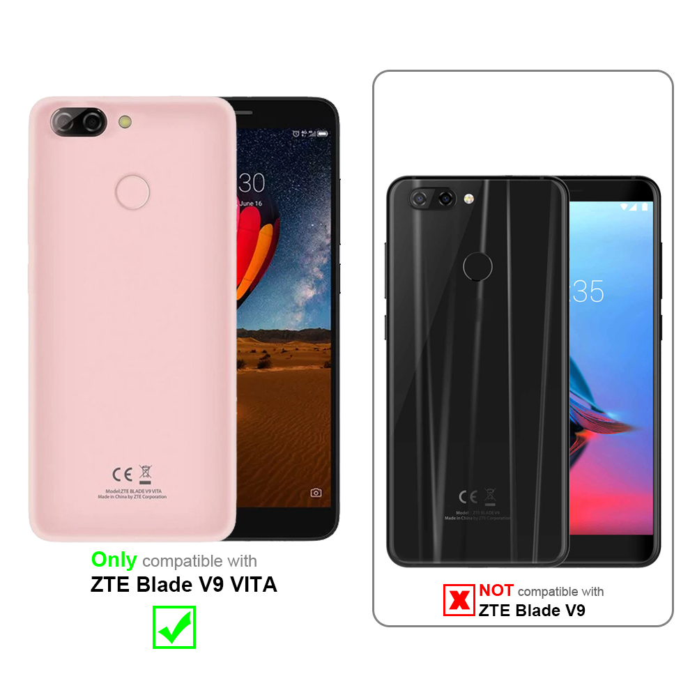 Zwei Telefone, pink und schwarz. Pinkes Telefon kompatibel mit ZTE Blade V9 Vita. Text: Nur kompatibel.