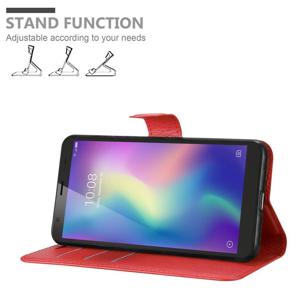 Rote Handyhülle, Telefon offen, Bildschirm sichtbar. Schwarze Handyhülle und Telefon darin.